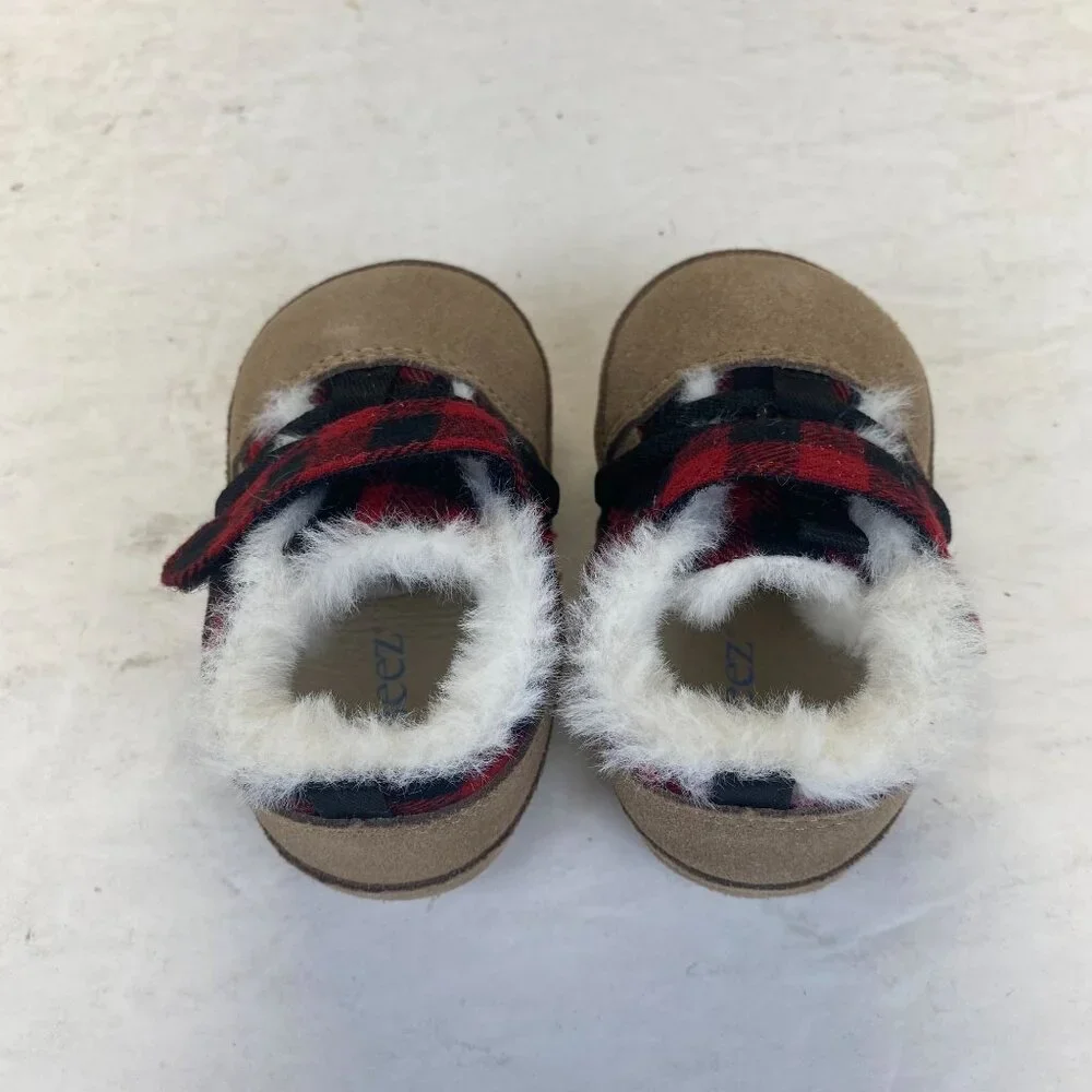 Robeez First Kicks Blake Buffalo Plaid Red Faux Fur Baby Boys Shoes 6-9‎ M,NEW